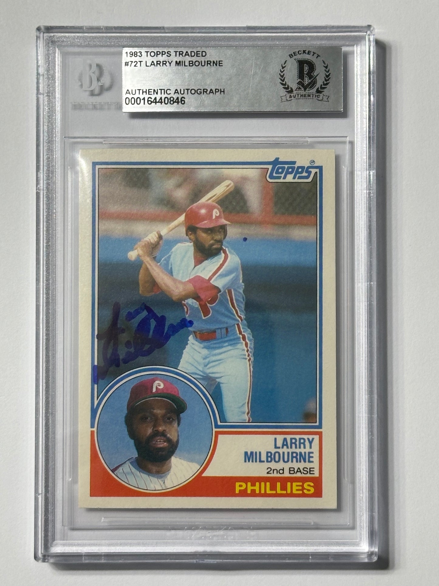 Larry Milbourne 1983 TT Phillies Signed Baseball Card - Beckett