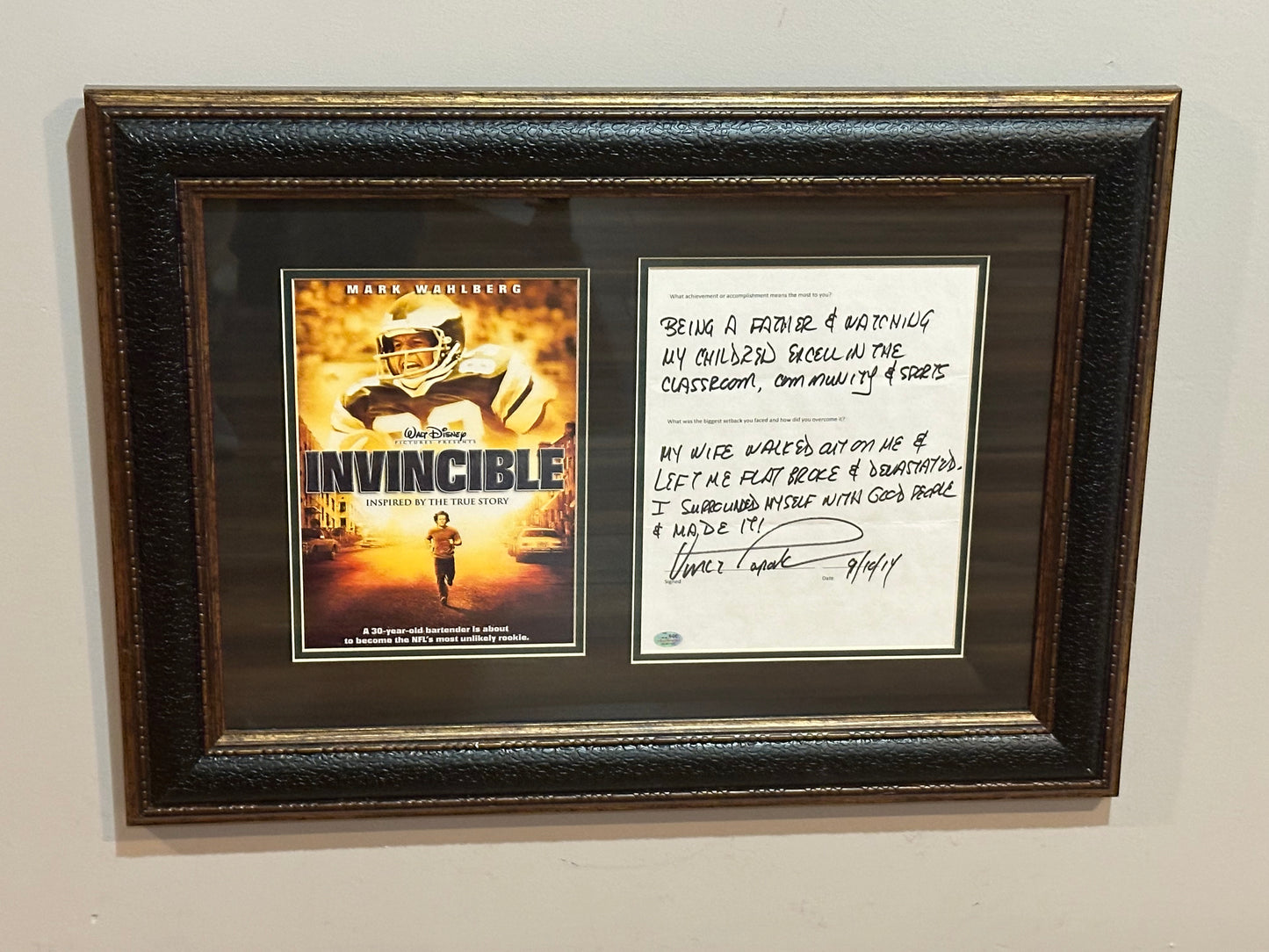 Vince Papale Signed Letter with 8x10 Photo Framed - SGC